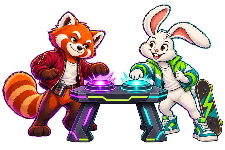 Red e Hop se desafiam em uma mesa de fliperama.