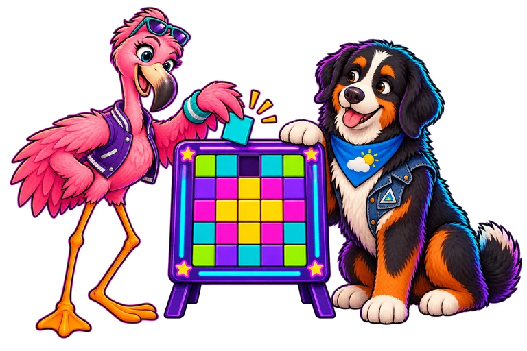 Flam e Sky completam um puzzle colorido.
