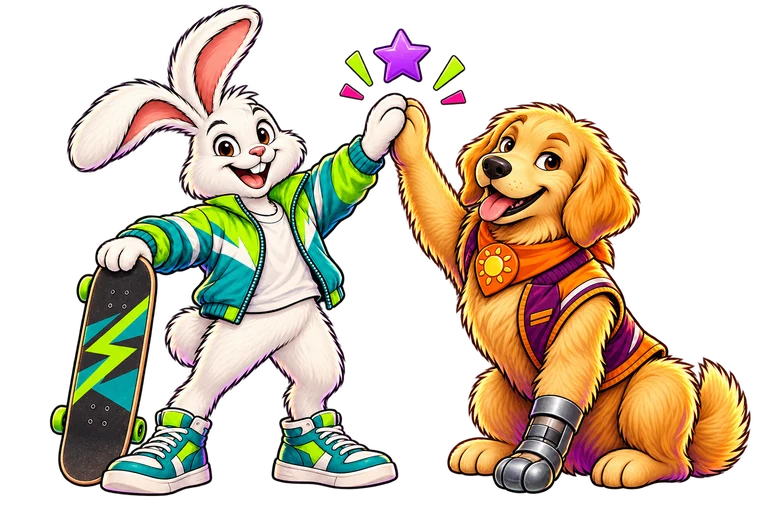 Hop e Sunny comemoram batendo as patas.